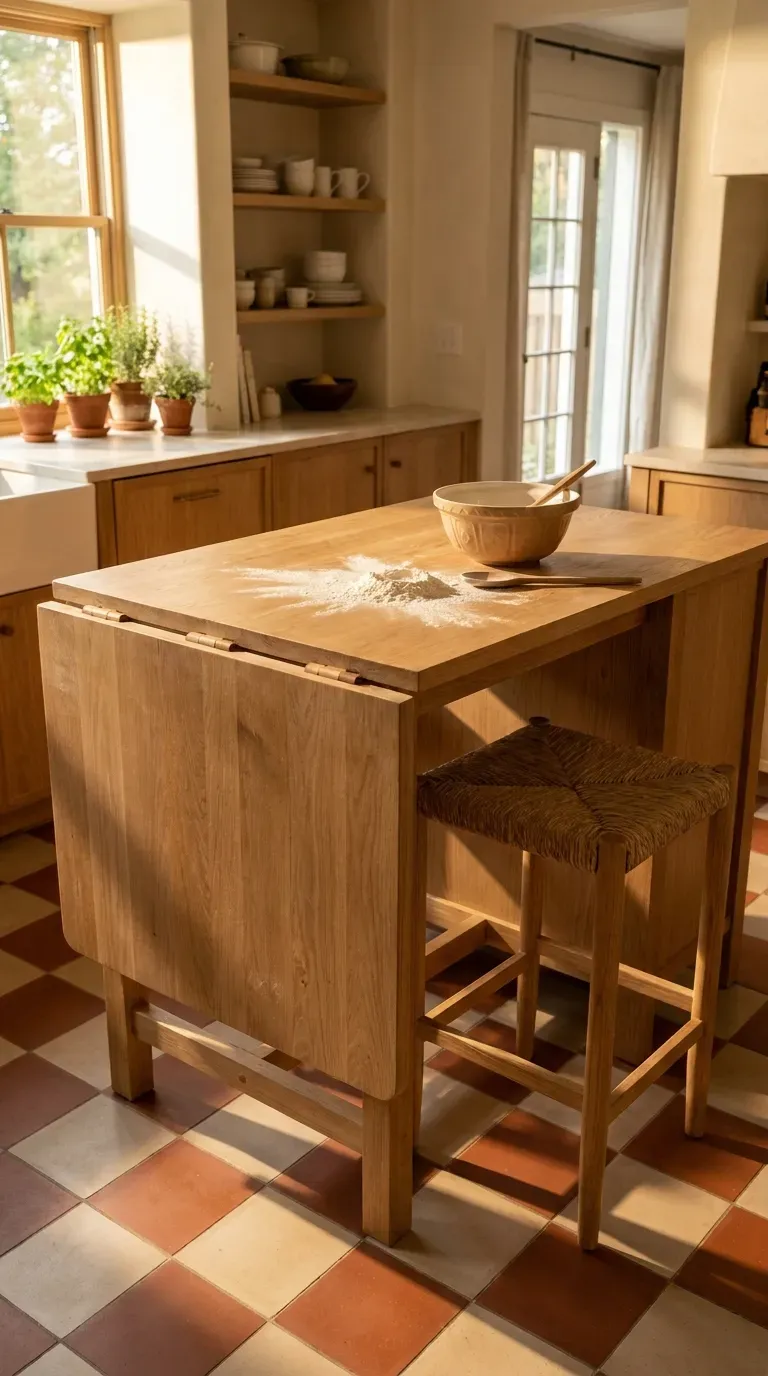 A versatile drop-leaf wooden island with one side extended for seating