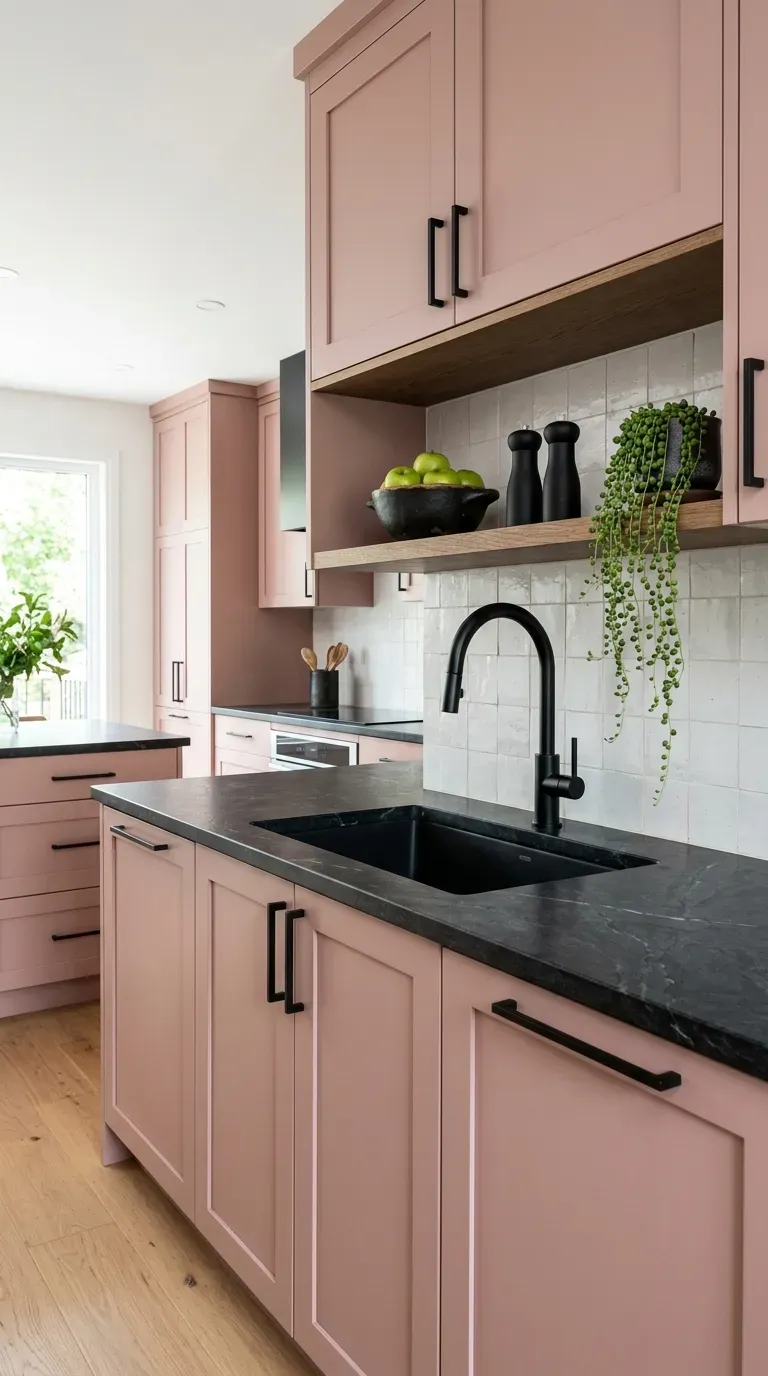 14 Genius Kitchen Color Palette Ideas You Need to Try 8 Dusty rose pink cabinets featuring a modern matte black sink faucet