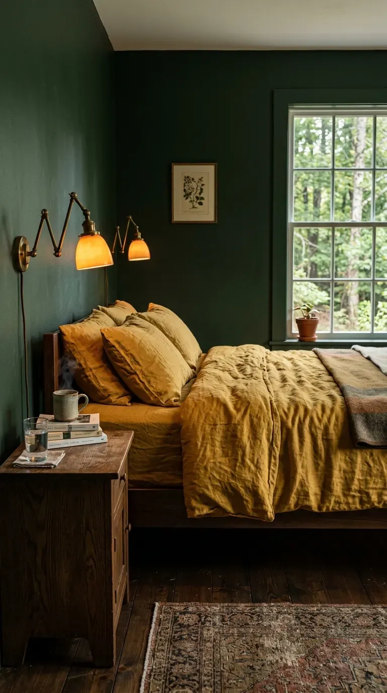 15 Genius Colorful Bedroom Ideas You Need to Try 8 A cozy bedroom with deep forest green walls and a mustard yellow duvet cover