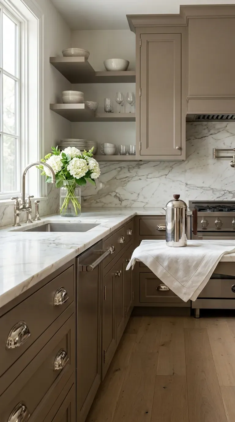 14 Genius Kitchen Color Palette Ideas You Need to Try 7 Mushroom colored kitchen cabinets with shiny polished nickel pulls and marble