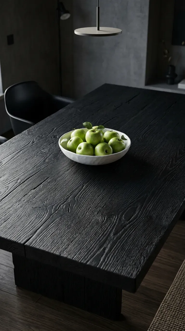 A stunning solid oak dining table chemically ebonized to a deep black