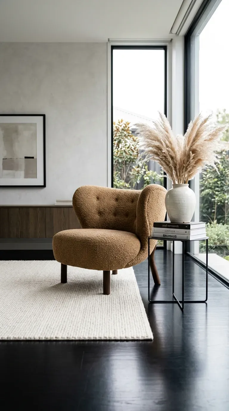 12 Black and Brown Living Room Designs That Will Transform Your Home 7 Glossy black hardwood floors supporting a textured camel brown boucle chair