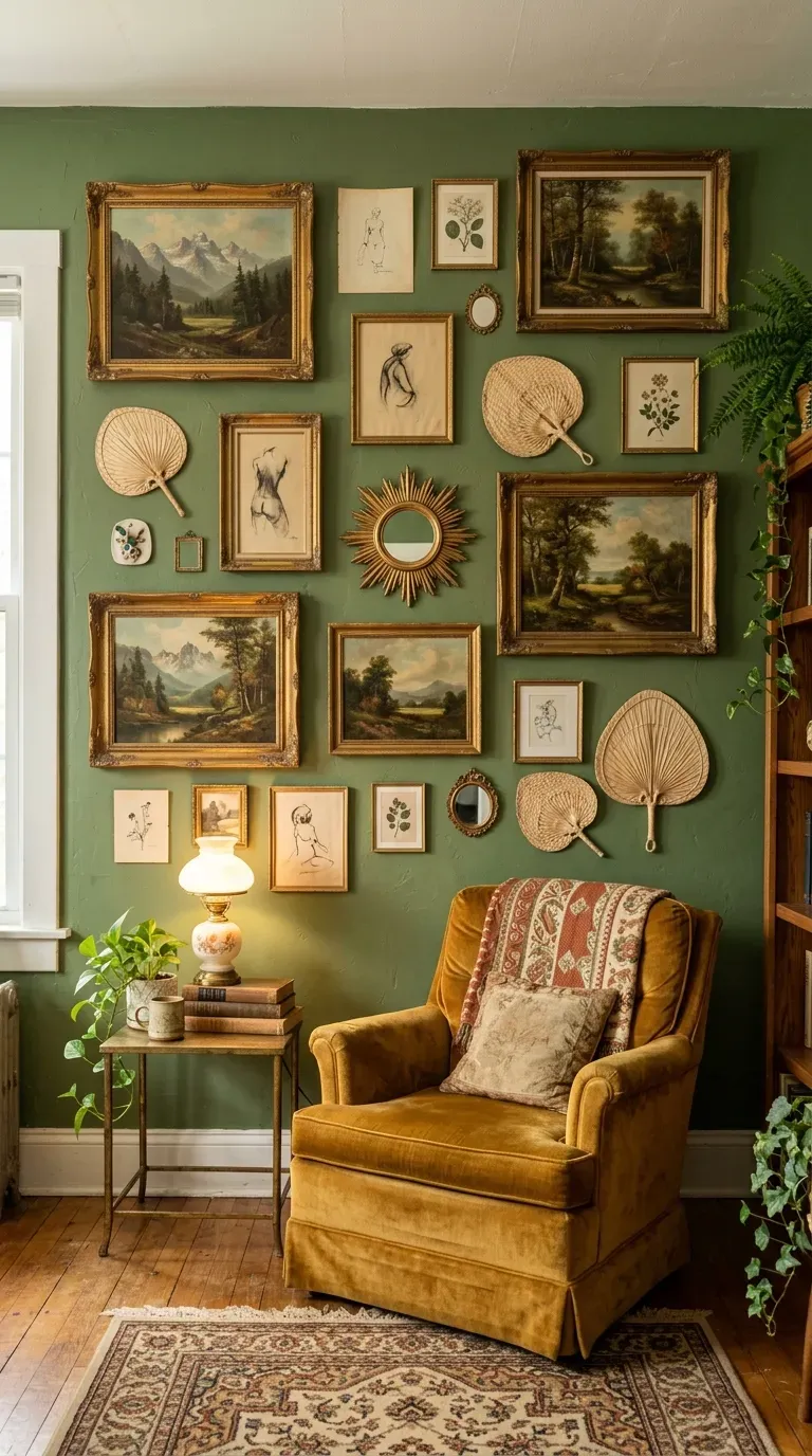 15 Genius Bohemian Home Decor Ideas You Need to Try 11 An asymmetrical gallery wall featuring vintage art, mirrors, and woven fans