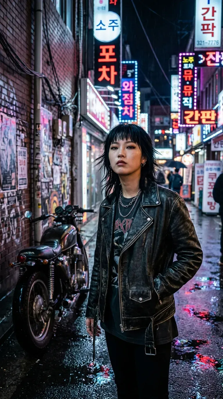 Edgy mullet wolf cut on young woman outdoors
