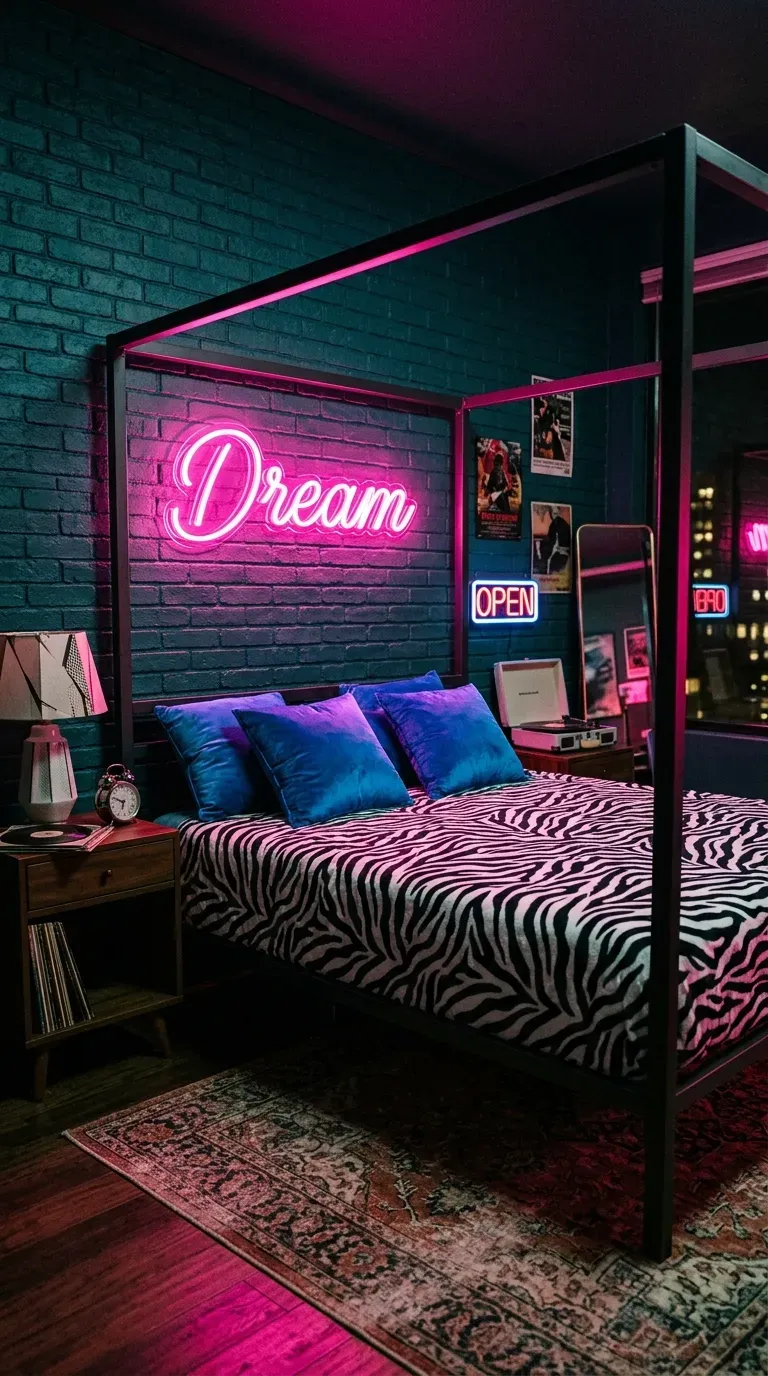 15 Genius Colorful Bedroom Ideas You Need to Try 7 A vibrant retro bedroom with a glowing hot pink neon sign over the bed