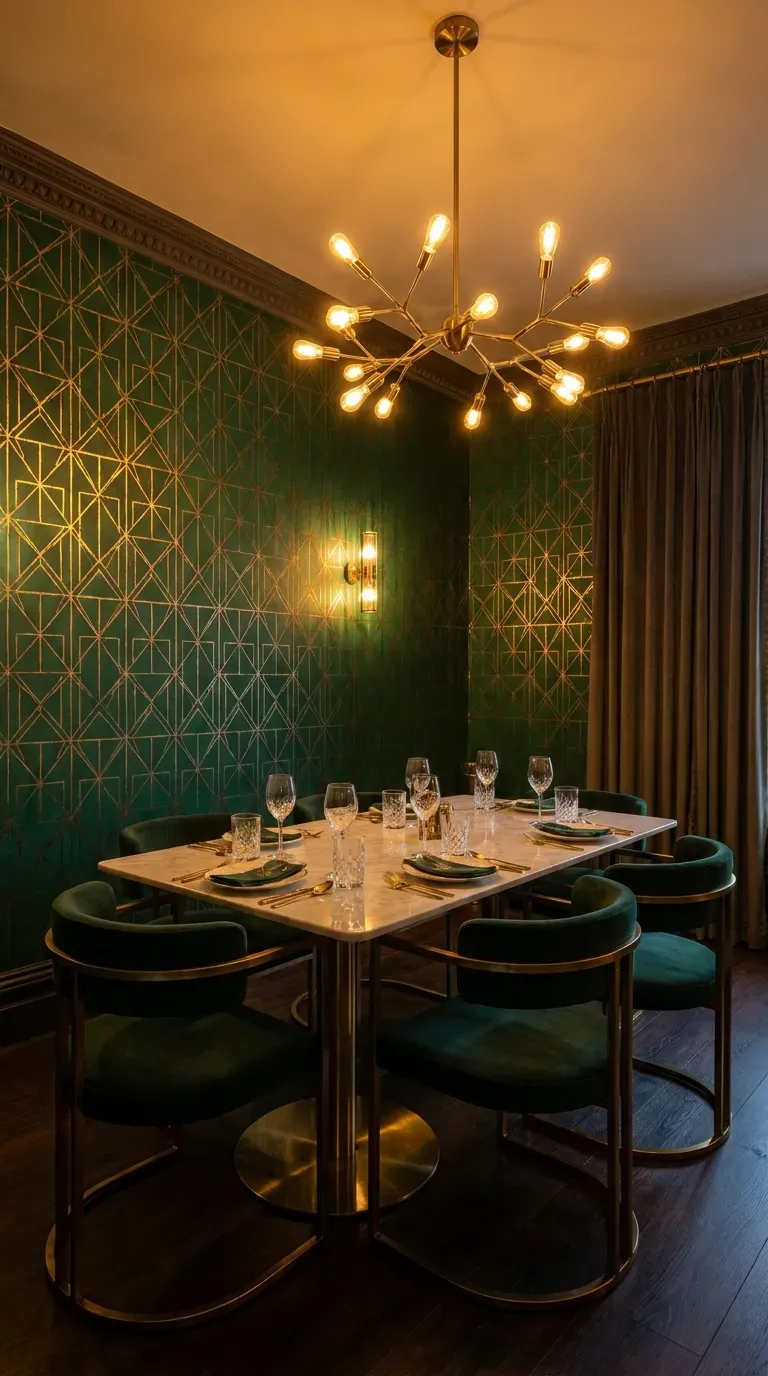 15 Gorgeous Green Aesthetic Wallpaper Ideas You Need to Try 4 A glamorous dining room with emerald green art deco wallpaper