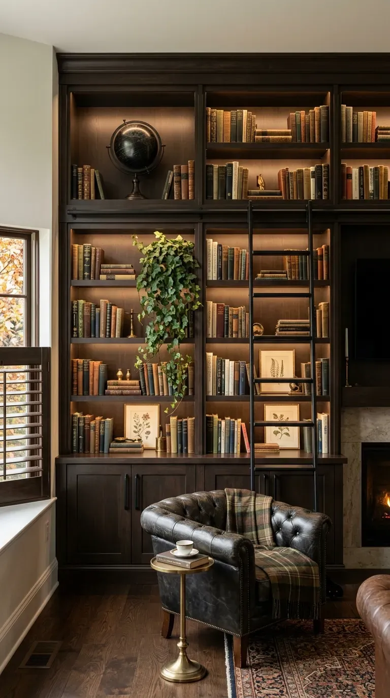 12 Black and Brown Living Room Designs That Will Transform Your Home 5 Dark espresso brown built-in bookshelves adorned with modern matte black hardware