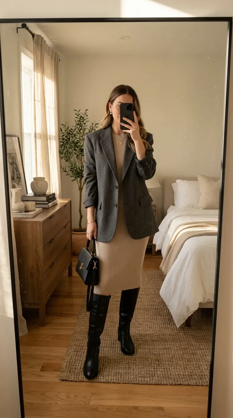 Woman wearing a knit midi dress with an oversized blazer and knee-high boots.