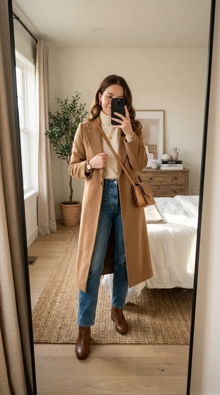 Woman wearing a camel coat, cream sweater, straight-leg jeans, and leather ankle boots.