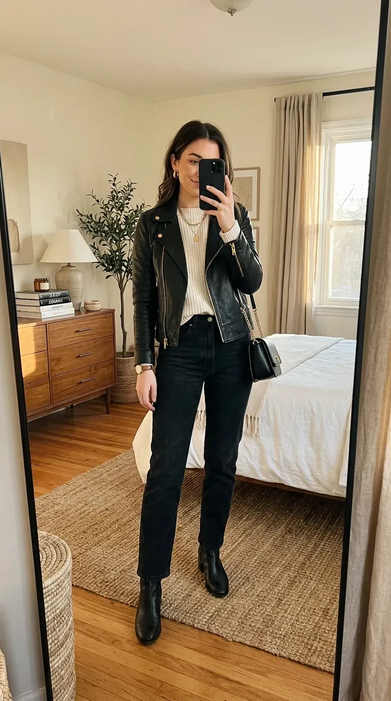 Woman wearing a leather jacket with black jeans and ankle boots for fall.