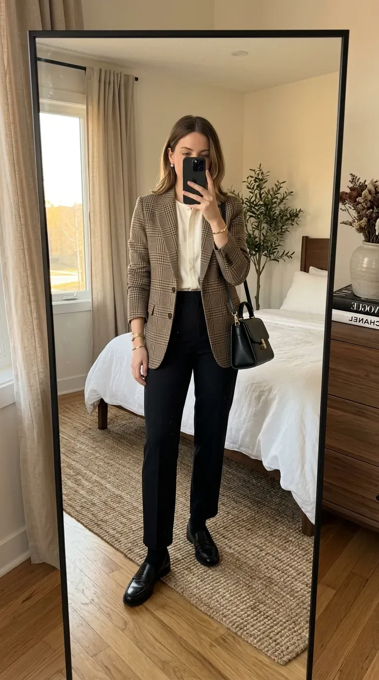 Woman wearing a plaid blazer with black tailored trousers and loafers.