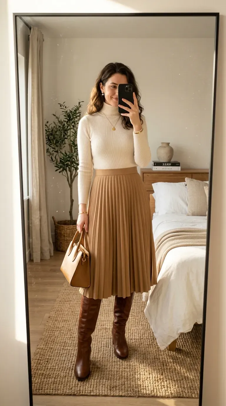 Woman wearing a pleated midi skirt with a cream turtleneck sweater and leather boots.