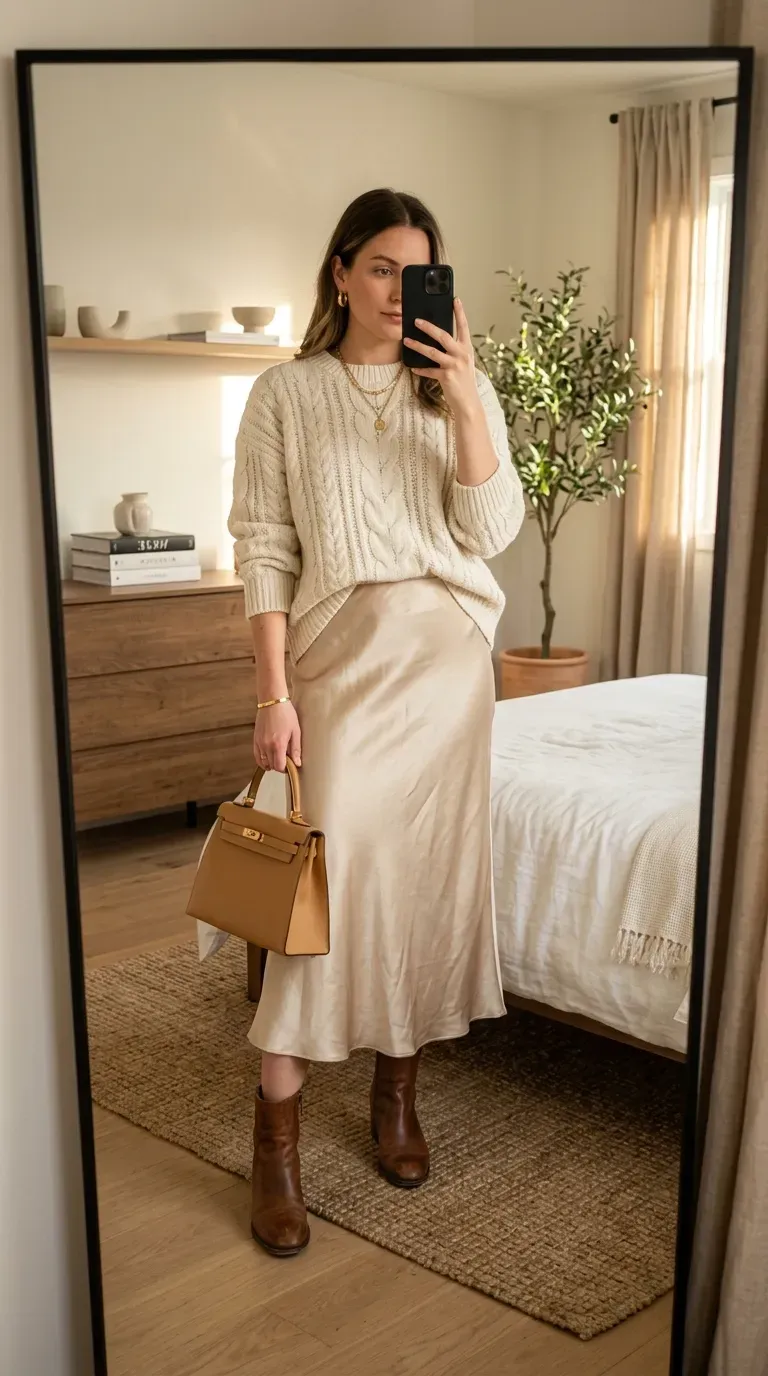 Woman wearing a satin midi skirt with a chunky knit sweater and ankle boots.