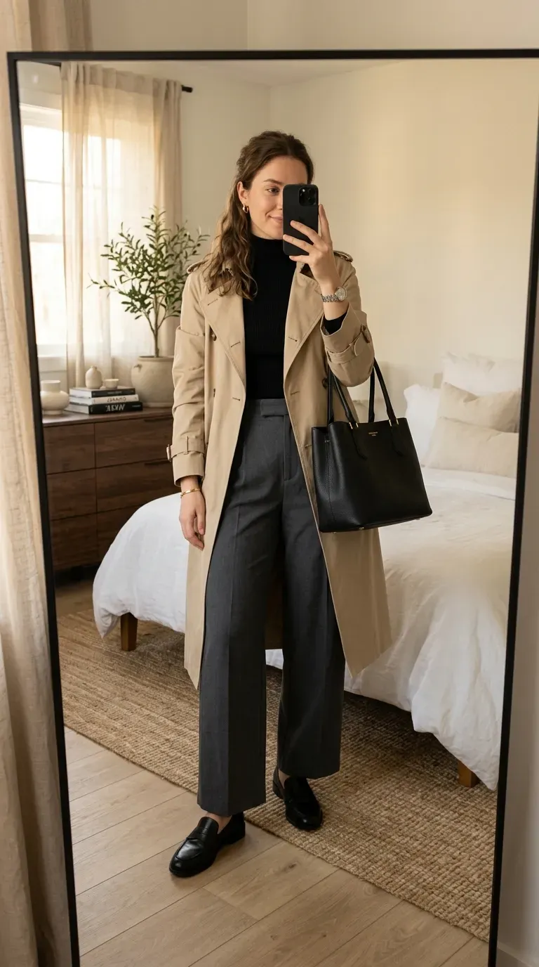 Woman wearing a trench coat with wide-leg trousers and a black turtleneck.