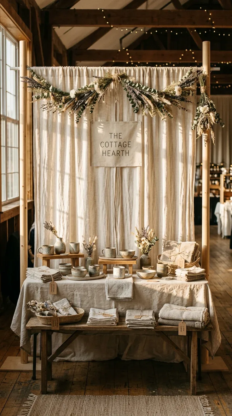 17 Creative Craft Booth Ideas for First-Time Vendors 11 A cream linen fabric backdrop hung behind a craft fair booth display for a polished look