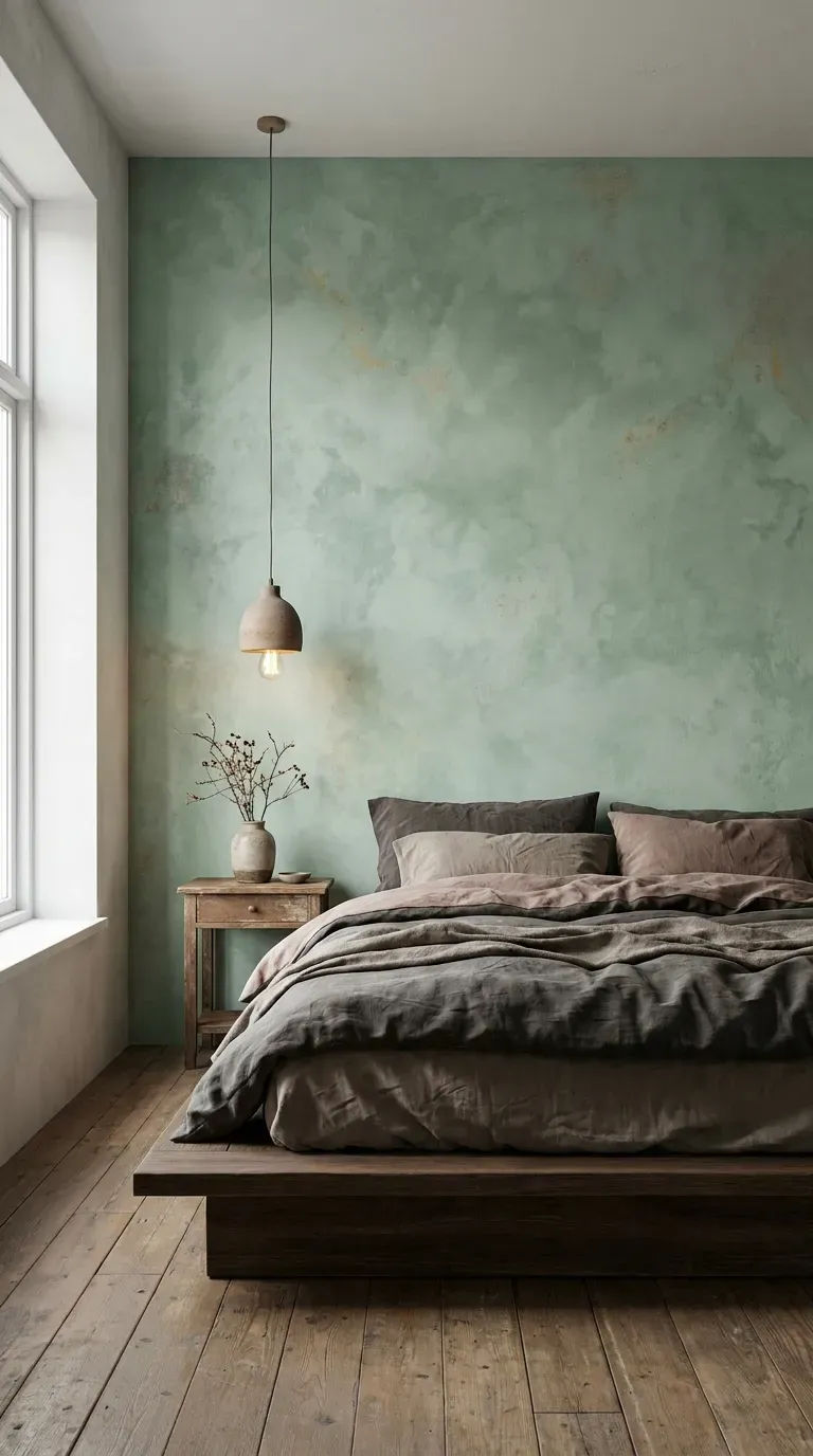 15 Gorgeous Green Aesthetic Wallpaper Ideas You Need to Try 16 A minimalist bedroom featuring textured faded jade faux-plaster wallpaper