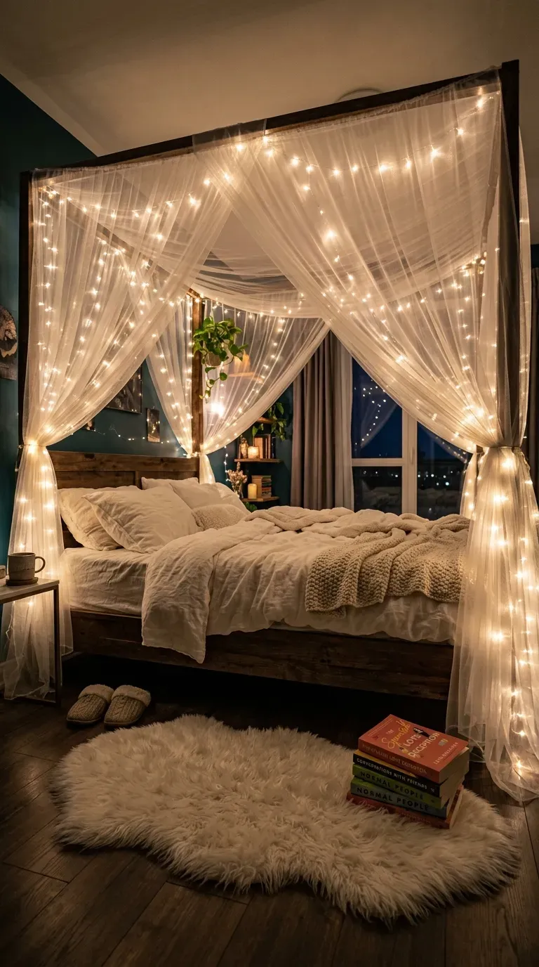15 Genius Aesthetic Room Ideas You Need to Try 13 A dreamy bed surrounded by sheer curtains and twinkling fairy lights