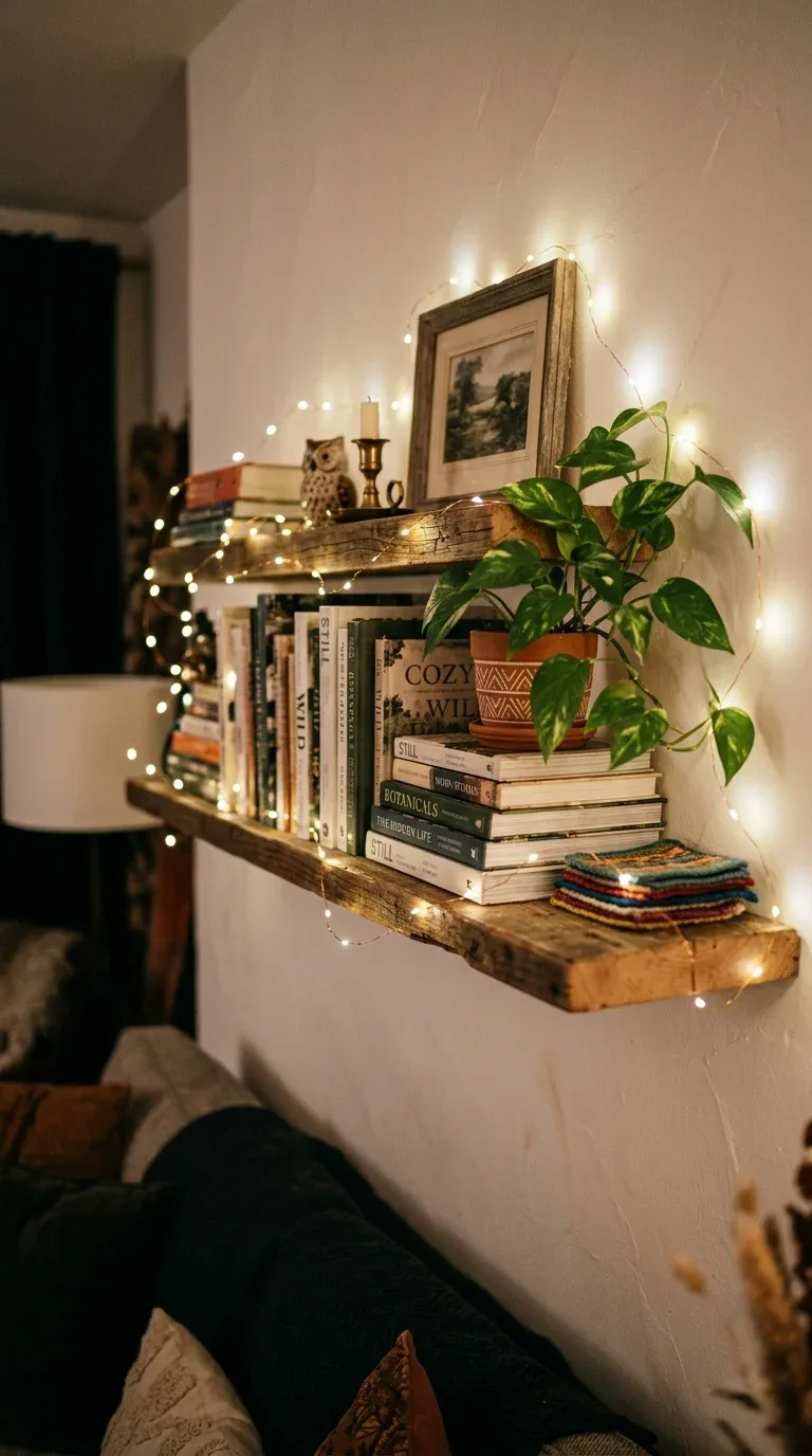 Warm fairy lights strung along a styled living room shelf creating a cozy evening glow
