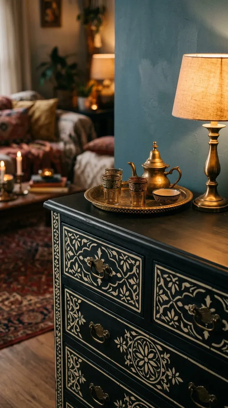 A black dresser featuring intricate ivory faux bone inlay stenciled patterns