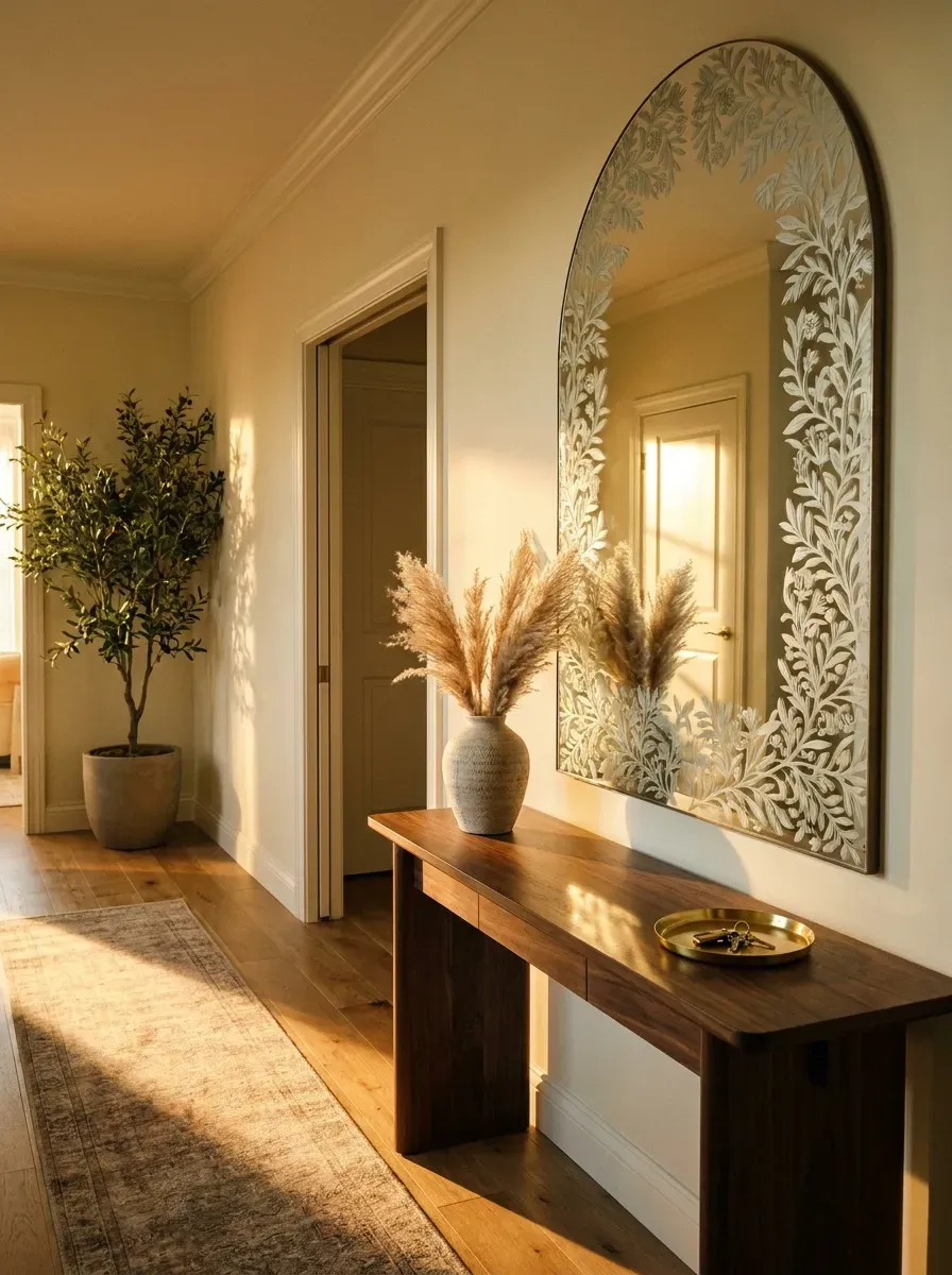 13 Genius Cricut Home Decor Projects You Need to Try 3 An entryway mirror decorated with an elegant faux etched botanical vinyl