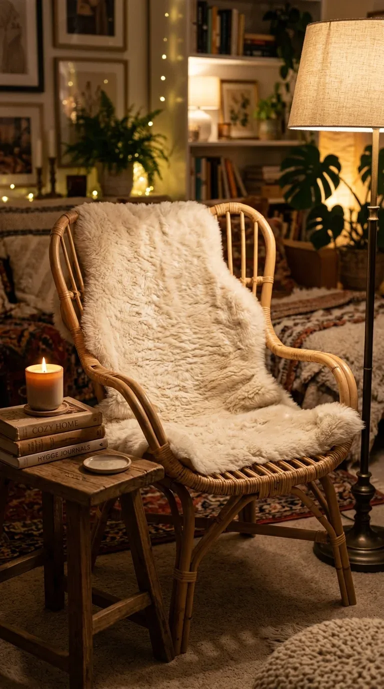 A faux fur throw draped over an accent chair adding texture to a cozy living room
