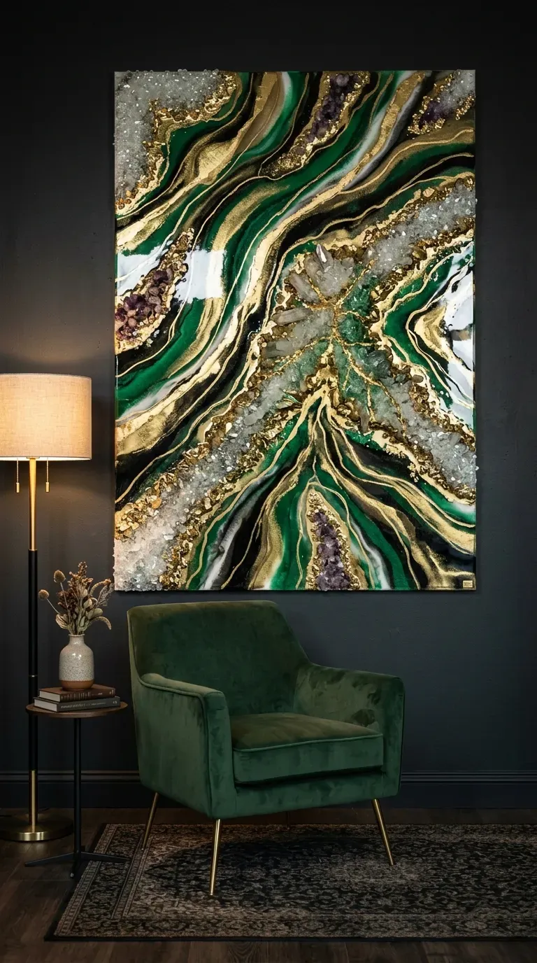 A massive faux geode resin wall art piece with crushed glass
