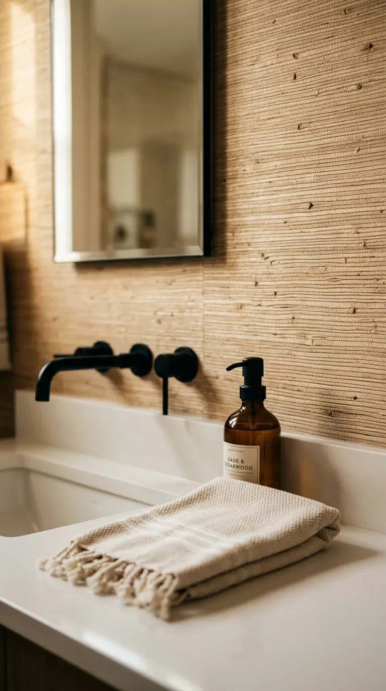 10 Must-Try Bathroom Wallpaper Ideas That Look Expensive 3 A modern bathroom wrapped in warm beige faux grasscloth textured wallpaper