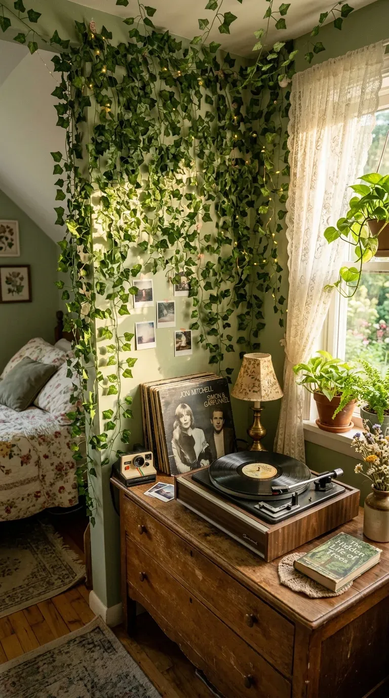 15 Genius Aesthetic Room Ideas You Need to Try 16 A bedroom wall heavily draped in strings of green faux ivy vines