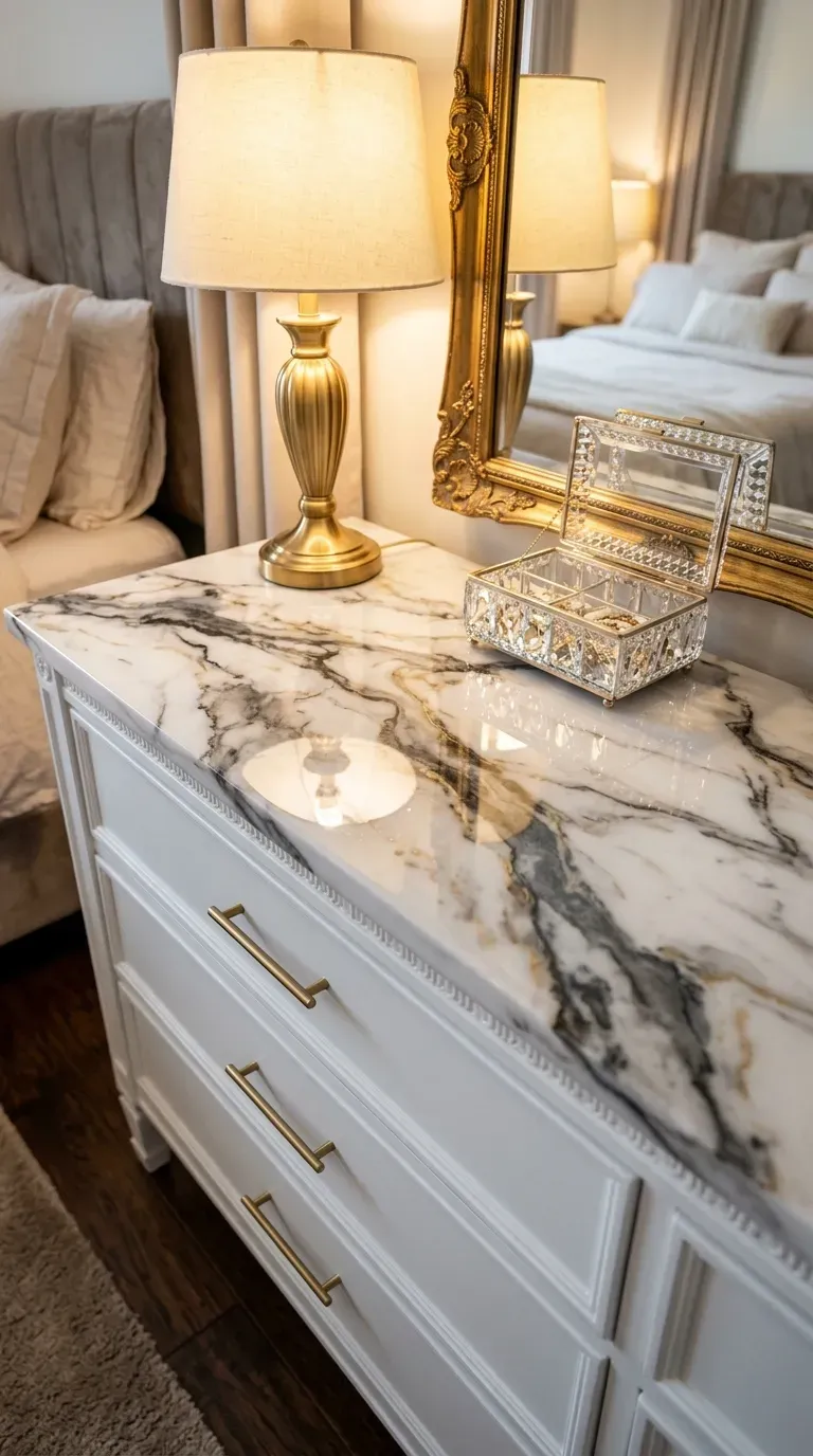 An upcycled dresser featuring a beautiful faux marble epoxy resin top