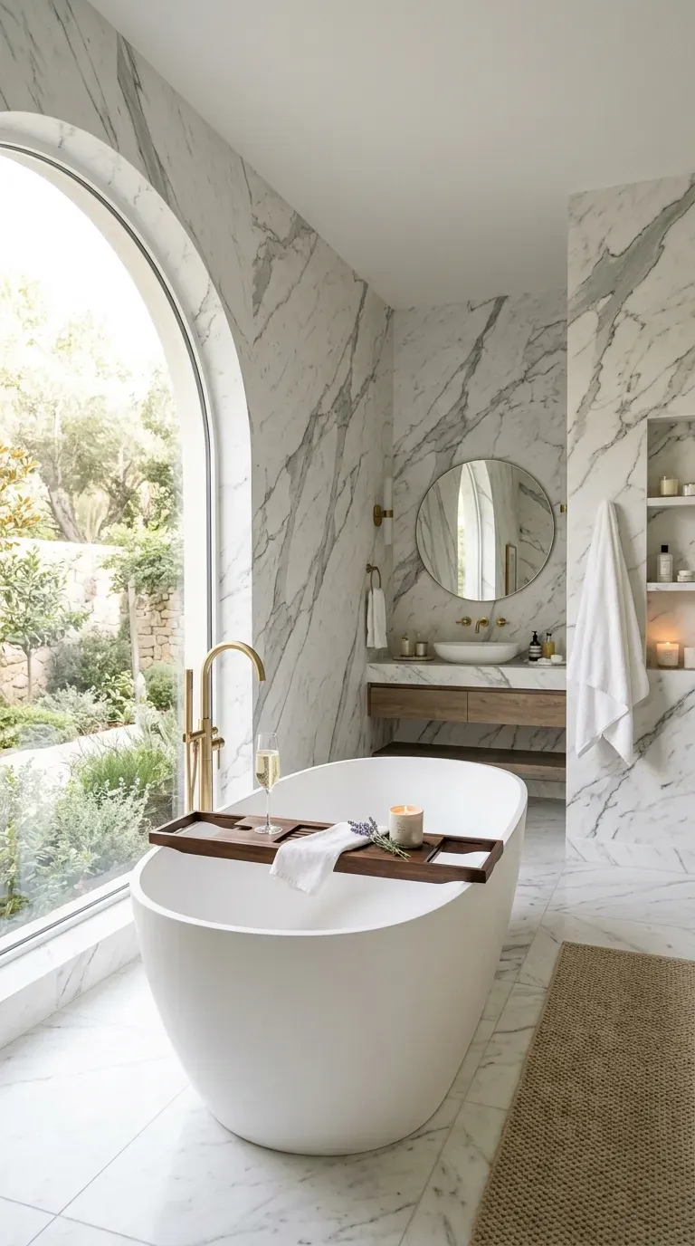 10 Must-Try Bathroom Wallpaper Ideas That Look Expensive 6 A luxury bathroom entirely wrapped in highly realistic white marble slab wallpaper