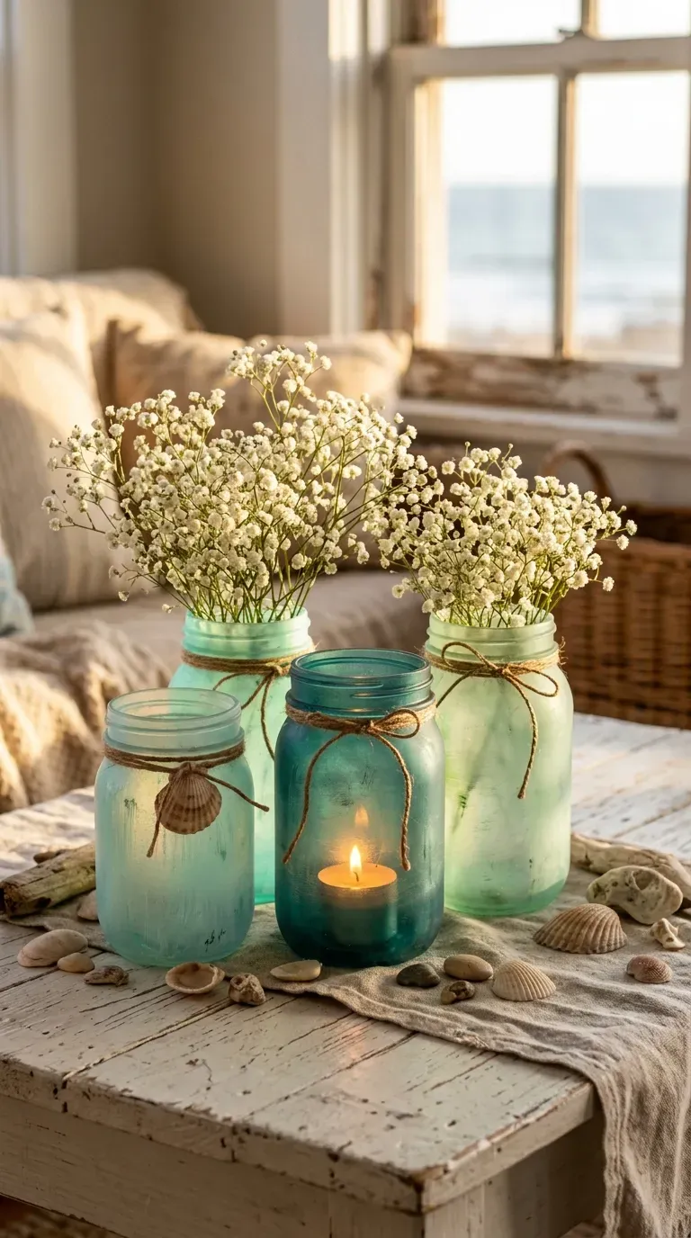 15 Genius DIY Summer Decorations You Need to Try 6 Frosted blue and green faux sea glass mason jars on a table