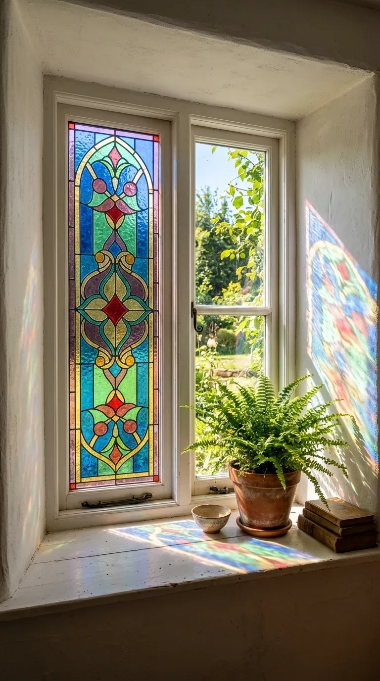 21 Easy Cricut Home Decor Projects You'll Love 13 A window decorated with a faux stained glass static cling vinyl pattern in jewel tones