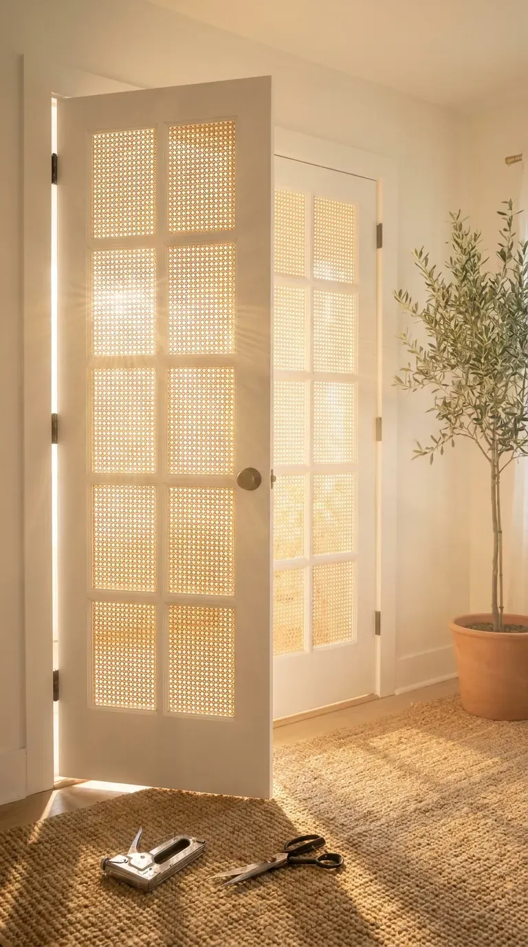 13 Genius Interior Door Makeovers You Need to Try 6 White interior door with center panels replaced by natural woven cane webbing
