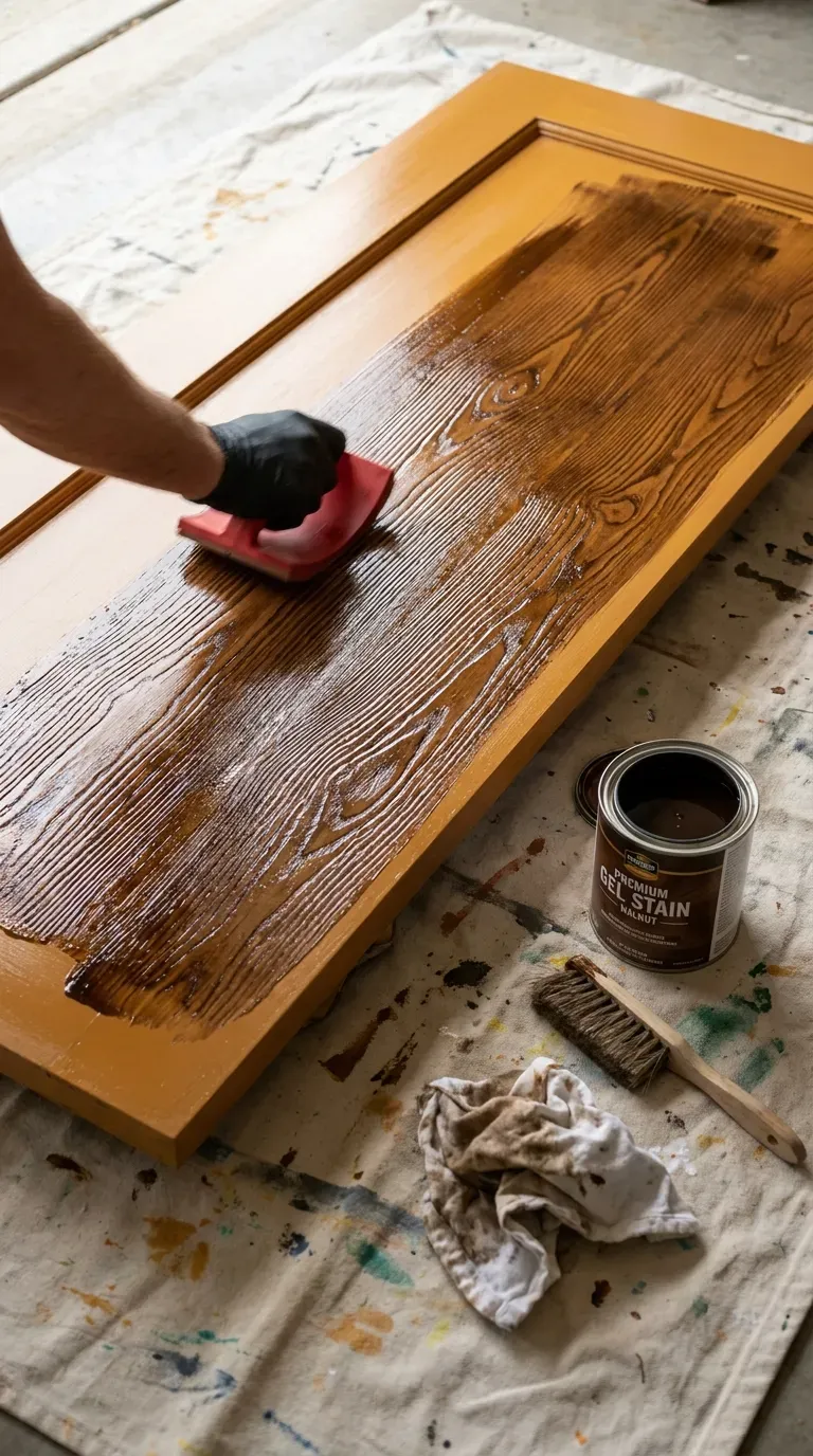 13 Genius Interior Door Makeovers You Need to Try 7 Hand using a rubber wood graining tool on a door with rich brown gel stain