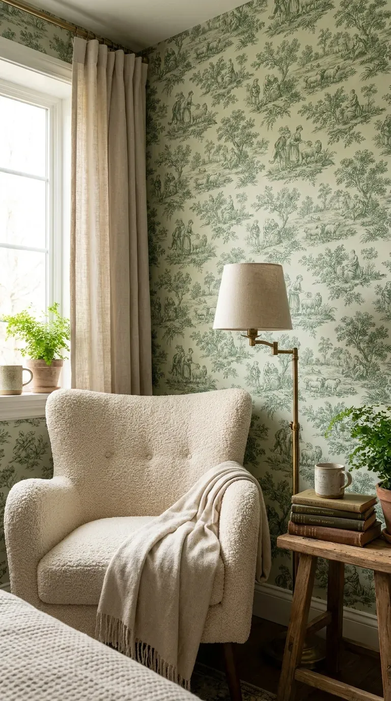 15 Gorgeous Green Aesthetic Wallpaper Ideas You Need to Try 15 A charming reading nook with classic fern green toile wallpaper