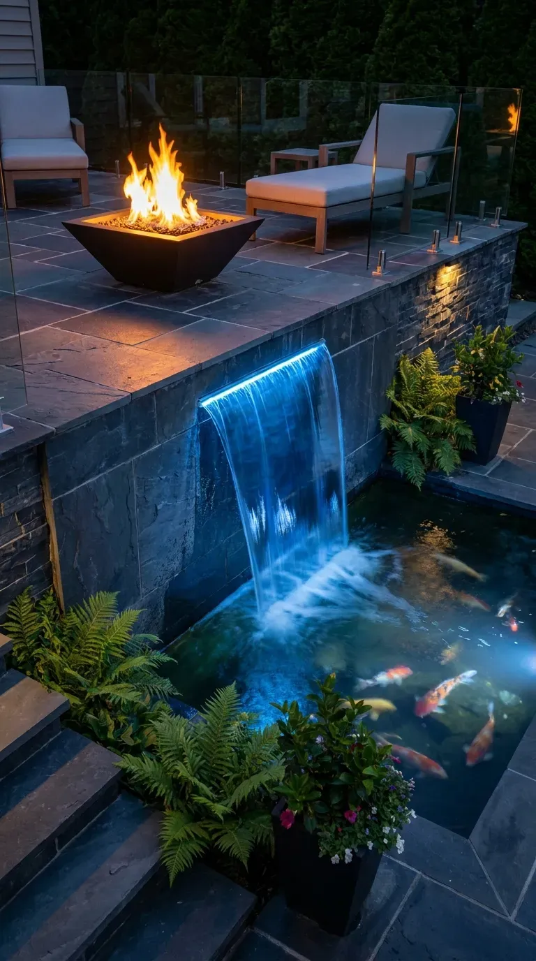 14 Genius Outdoor Fire Pit Ideas You Need to Try 13 A luxurious outdoor feature combining a cascading waterfall with a glowing fire bowl