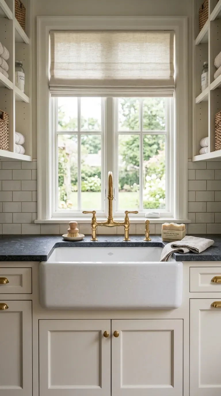 A beautiful white fireclay apron sink paired with a brass bridge faucet