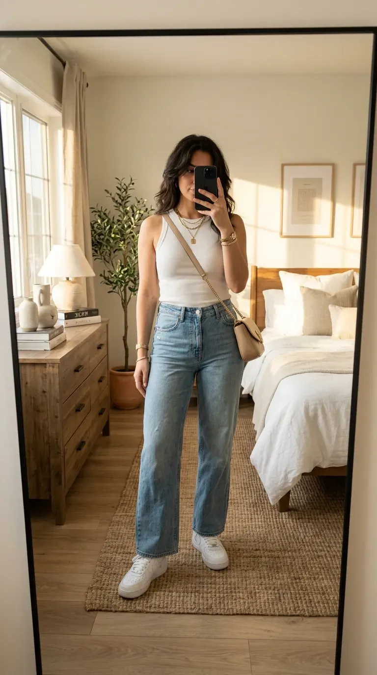 Woman wearing a fitted tank top with wide leg jeans taking an iPhone mirror selfie.