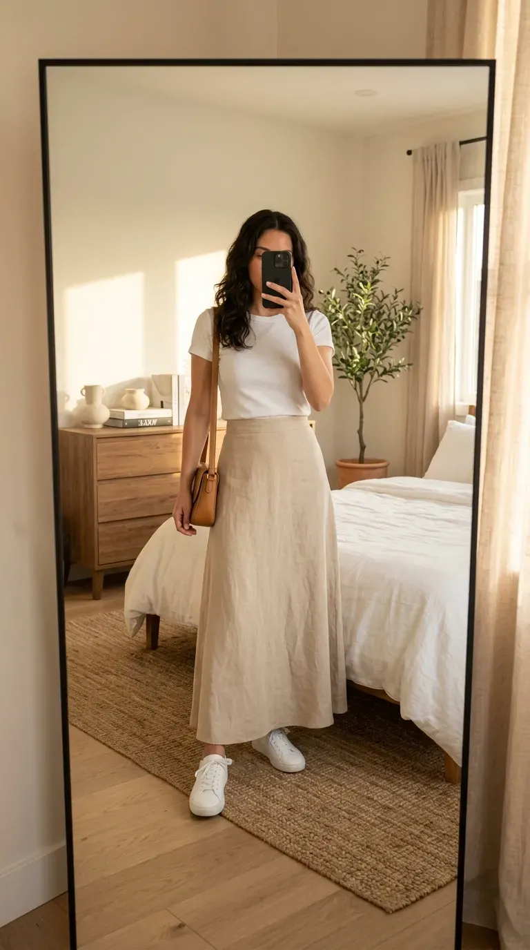 Woman wearing a fitted white T-shirt and maxi skirt taking an iPhone mirror selfie.