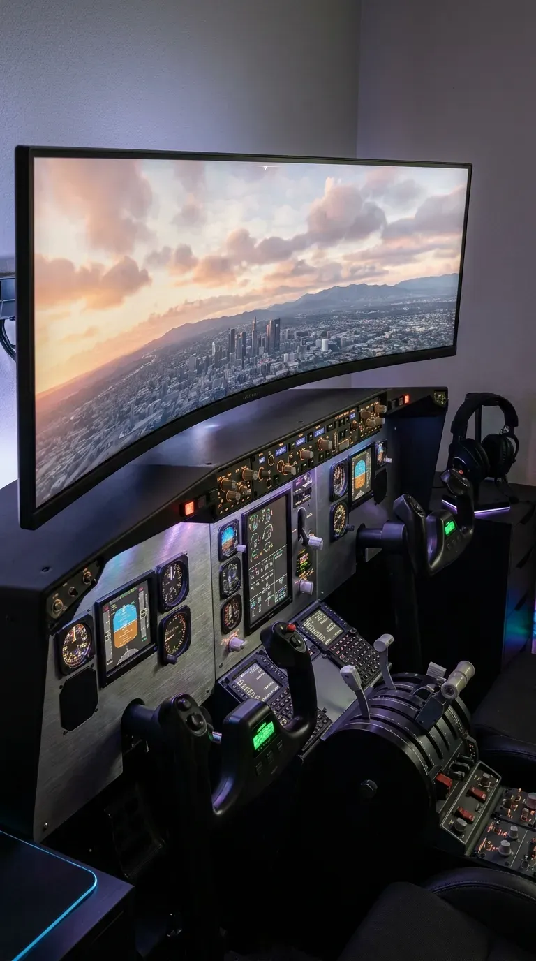 10 Must-Try Gaming Room Ideas That Look Insane 10 A dedicated flight simulator setup featuring a massive curved ultrawide monitor