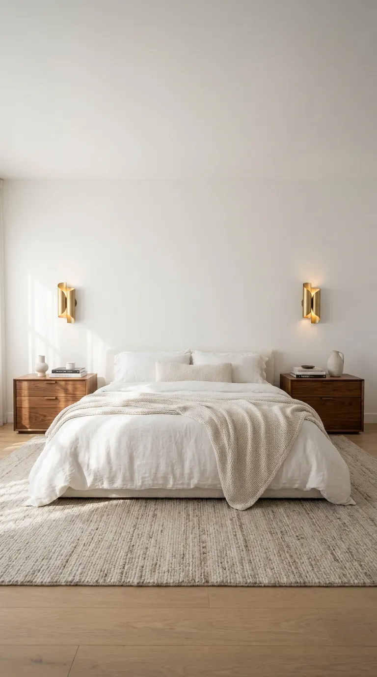 A perfectly symmetrical modern bedroom with matching nightstands