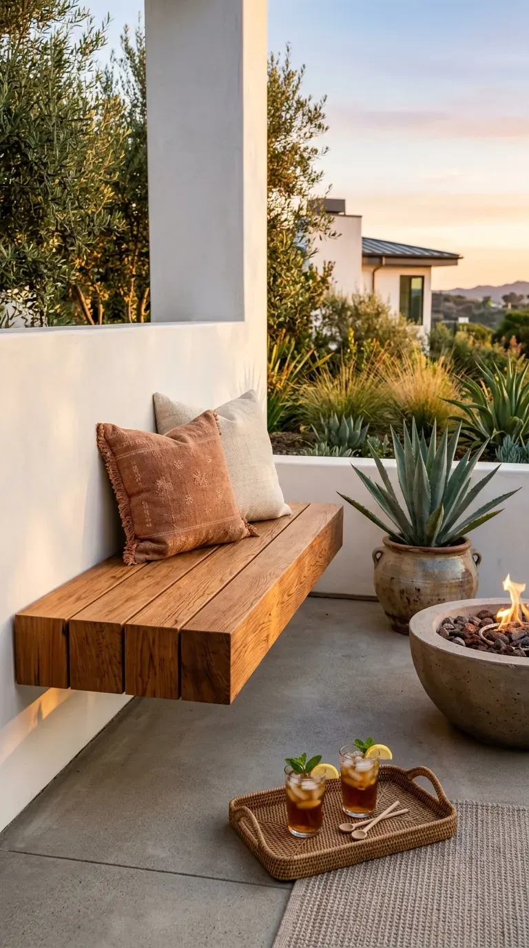 15 Genius DIY Patio Ideas You Need to Try 3 Modern floating cedar bench attached to a white stucco patio wall