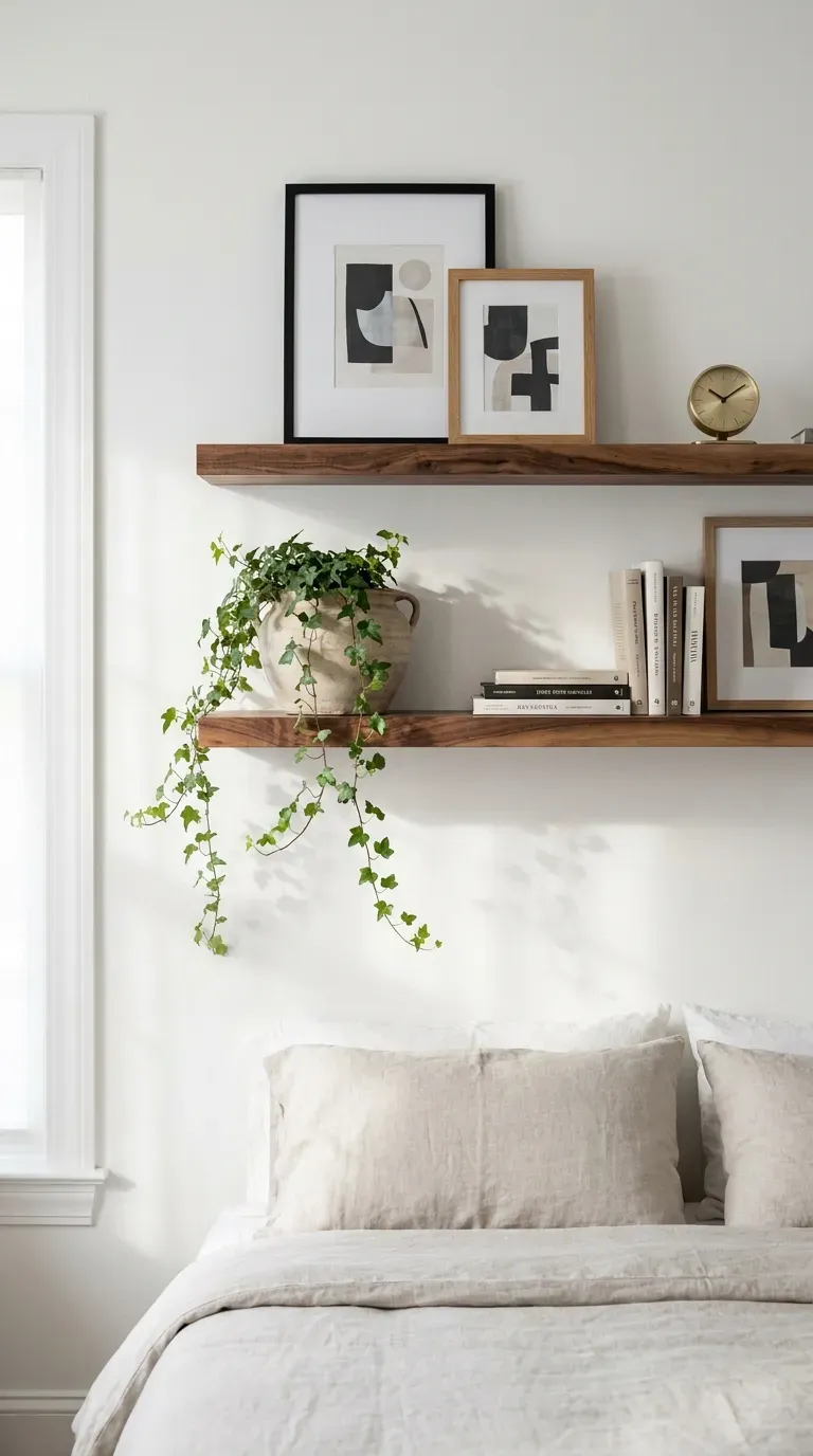15 Genius Shared Bedroom Ideas You Need to Try 14 Thick walnut floating shelves above a bed holding art and plants