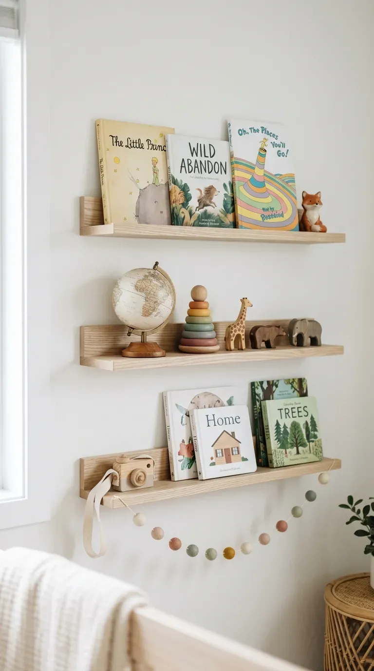 12 Aesthetic Kids Bedroom Ideas for a Dreamy Space 8 Wooden toys displayed on aesthetic floating shelves