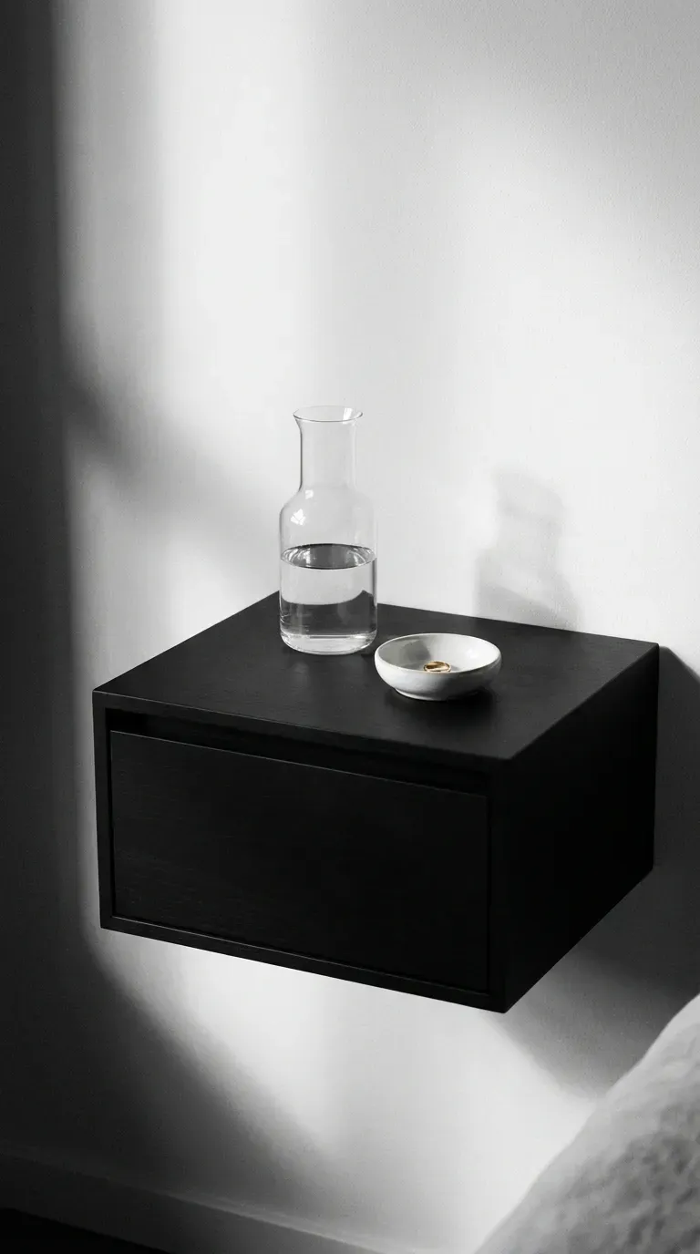 A sleek minimalist floating nightstand mounted to a white wall