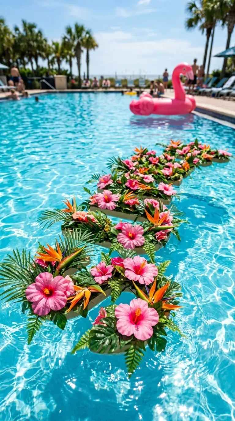 15 Genius DIY Summer Decorations You Need to Try 8 Giant floral letters spelling SUMMER floating in a bright blue swimming pool