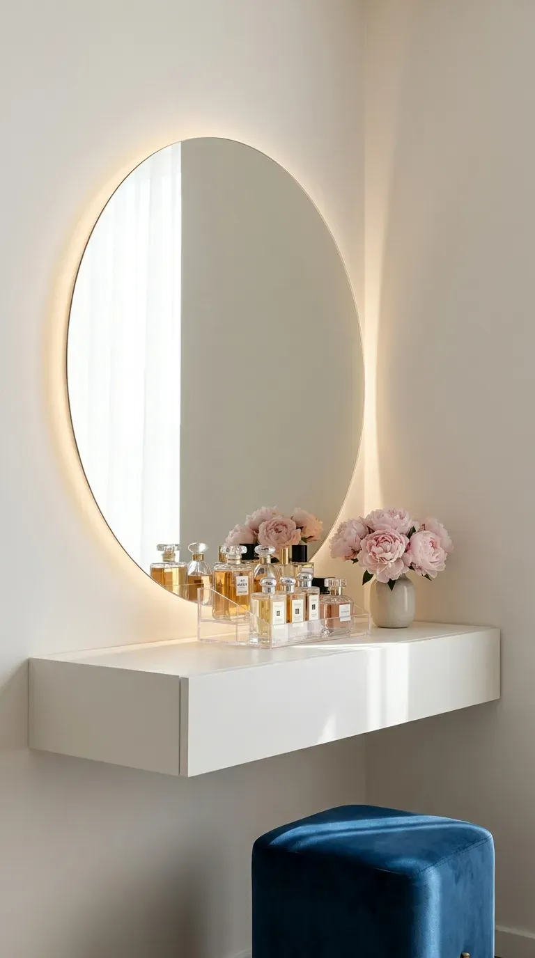 A sleek floating makeup vanity mounted on a bedroom wall