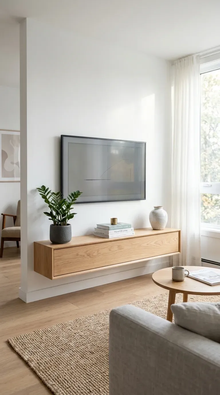 13 Genius Small Apartment Living Rooms You Need to Copy 2 Modern floating wood media console in small living room