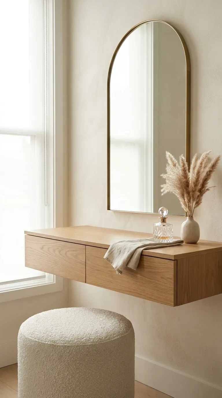 A sleek wall-mounted floating wooden vanity with an arched mirror