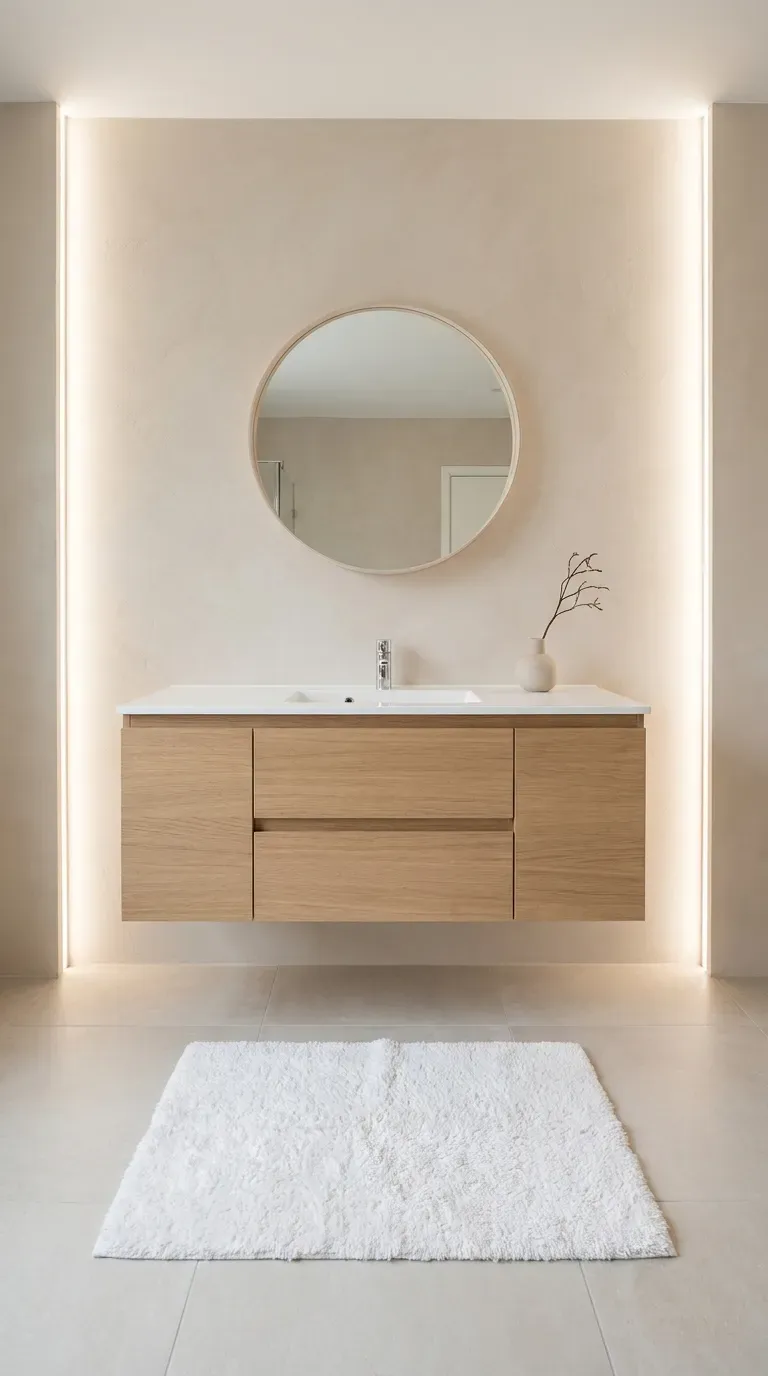 12 Aesthetic Bathroom Decor Ideas for a Gorgeous Space 8 A modern light oak floating vanity mounted to a textured wall